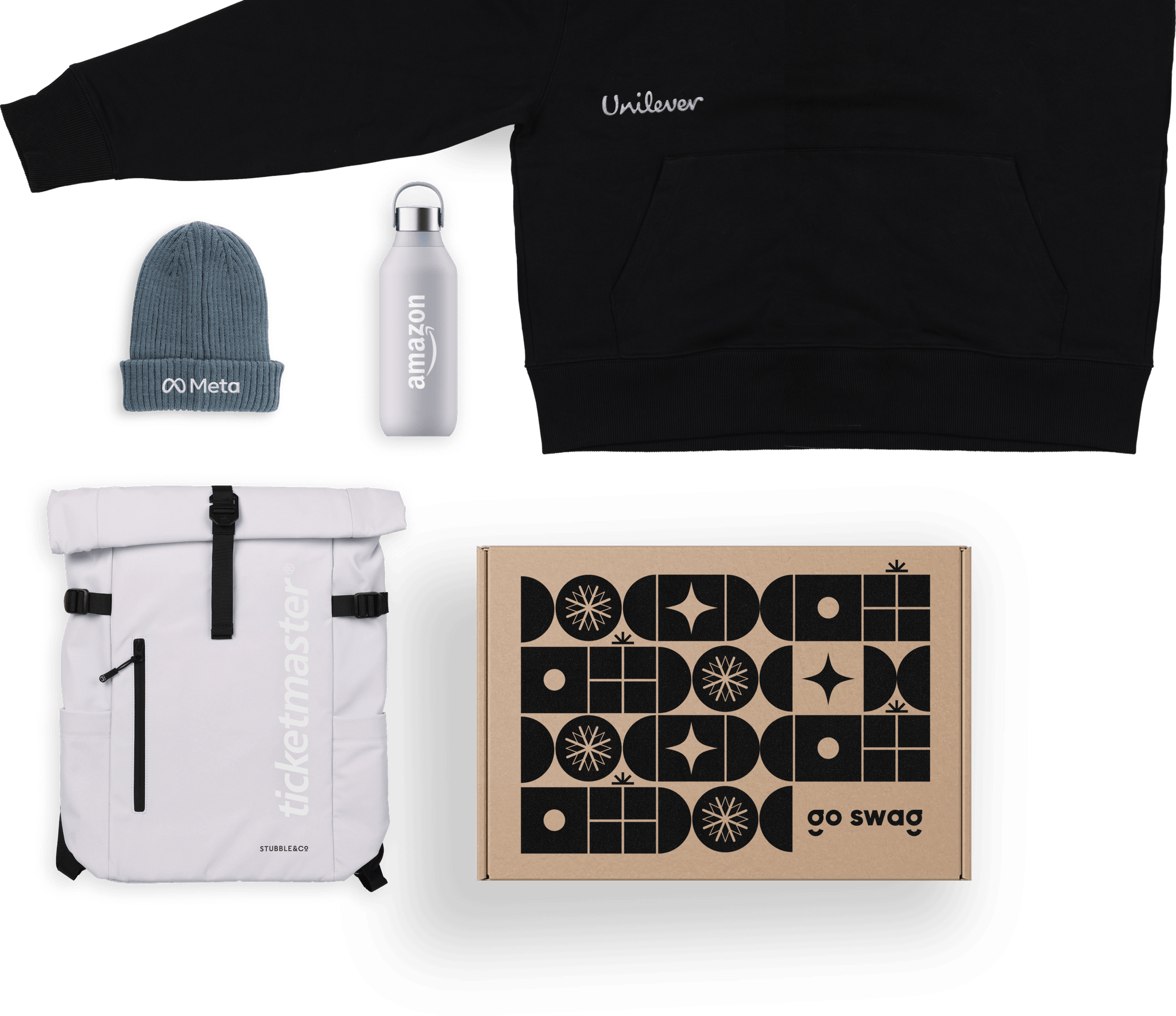 Image representing the Series B preset pack, comprising a Stanley/Stella Eco T-shirt, Stanley/Stella Premium Hoodie, Chilly's Series 2 500ml water bottle, Black & Blum coffee tumbler, Moleskine notebook, premium gun metal pen, custom full-colour biodegradable box, and custom message card printed on recycled paper