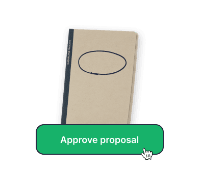 A virtual 'Approve proposal' button superimposed on top of a mock-up of a notepad with hand-drawn branding